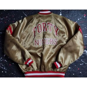 Vintage 80s San Francisco 49ers NFL Chalk Line gold rush satin bomber jacket XL